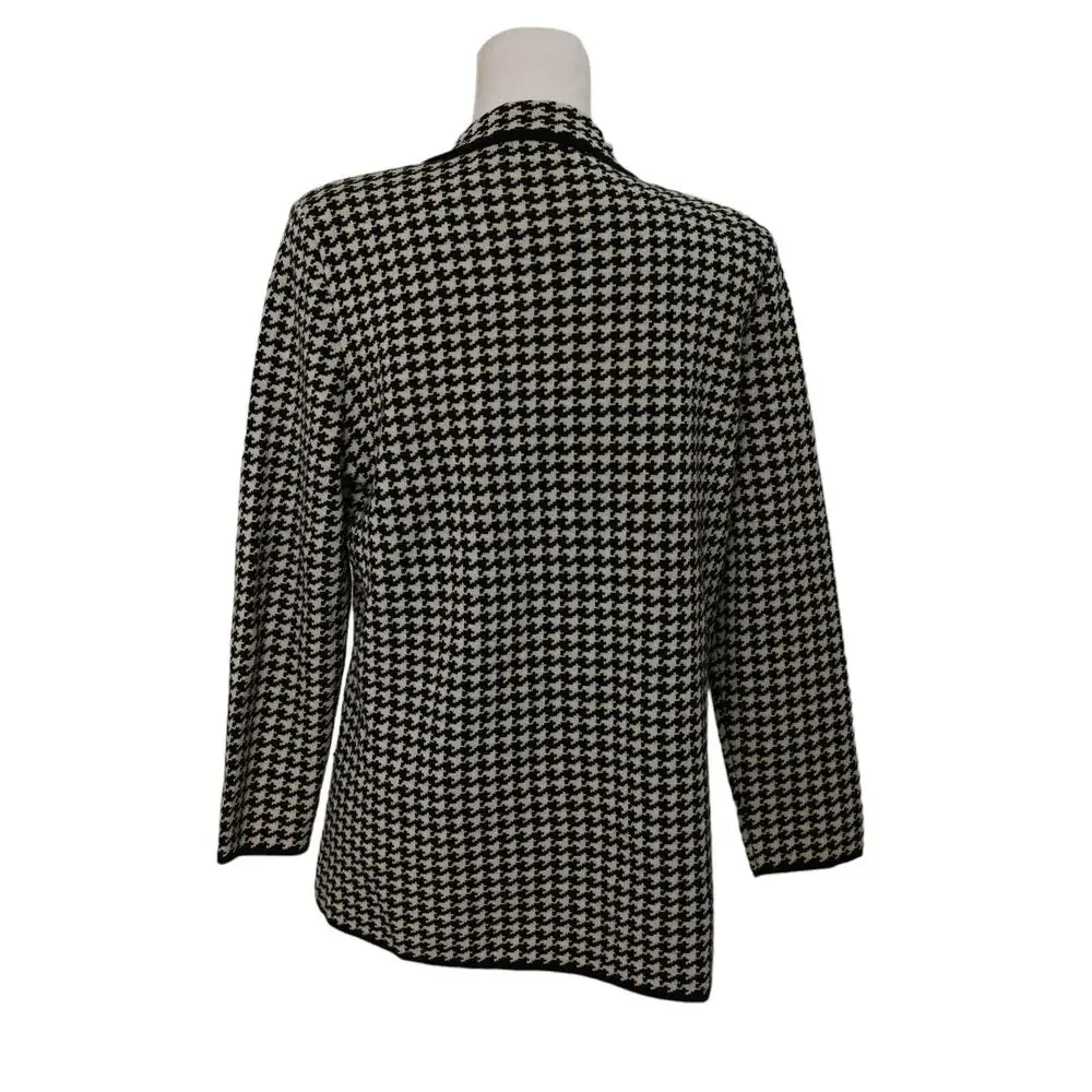 Kate Hill Italian Merino Wool black ivory cream Houndstooth‎ stretchy blazer med